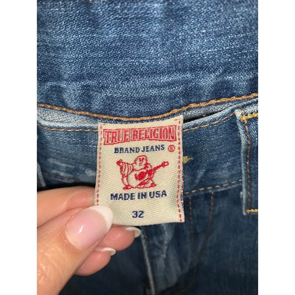 True‎ Religion Men's Blue Straight Jeans Size 34 Distressed Flap Pockets